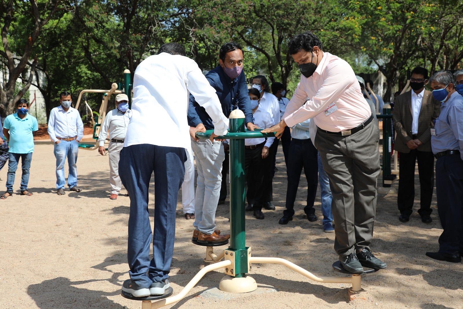 Dr D S Setty, DCE (Utilities & SR) and Shri G N Ganesha Chairman, Works Committee practicing at Twister in Anu Kreeda Udyaan in NFC.