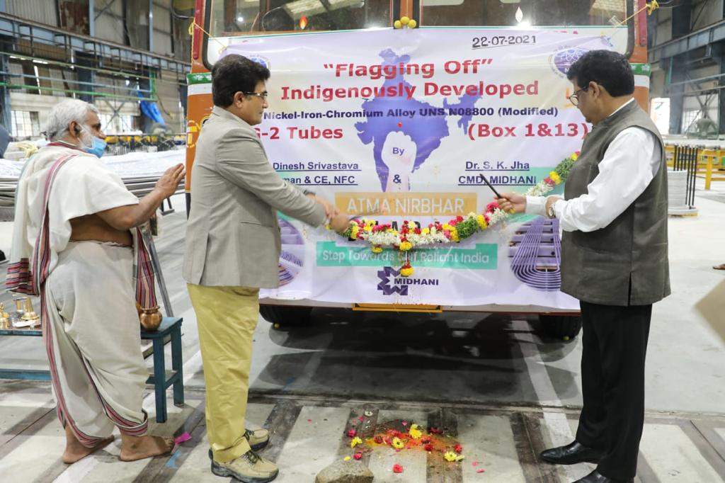 Chairman and CE,NFC performing pooja for flagging off first consignment of 2nd set Alloy 800 SG Tubes.