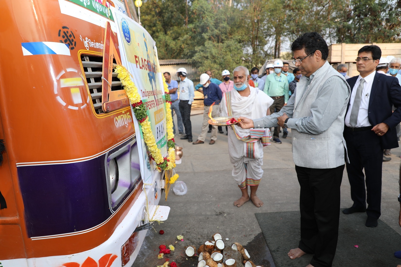 Chairman and CE, NFC performing pooja for flagging off first consignment of Alloy 800 SG Tubes.