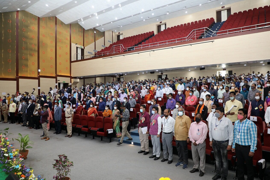 Participants are singing National Anthem.